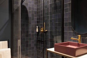 Douche, douche à « effet pluie », sèche-cheveux, serviettes fournies