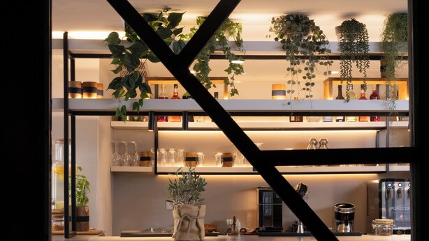 Una cocina moderna con barra, que incluye una cafetera, estantes con cristalería y plantas colgantes.