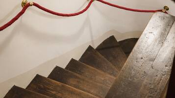 A wooden staircase with a red rope barrier.