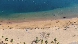 An aerial view of a beach with clear blue water, sandy shore, and palm trees.