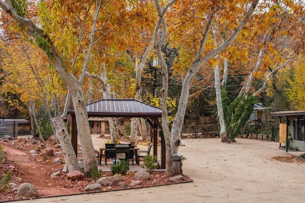 A covered outdoor seating area with a table and chairs, surrounded by trees with autumn foliage.