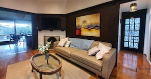 Smart TV, fireplace, books