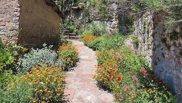 A narrow stone pathway flanked by vibrant flowers and a rustic stone building. - 3 Bedroom Village House with Private Pool in Garfagnana - restaurant nearby (Comune di Villa Collemandina)