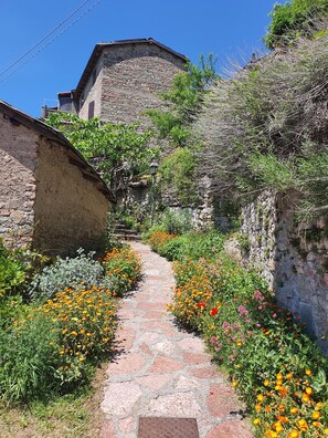 A narrow stone pathway flanked by vibrant flowers and a rustic stone building. - 3 Bedroom Village House with Private Pool in Garfagnana - restaurant nearby (Comune di Villa Collemandina)