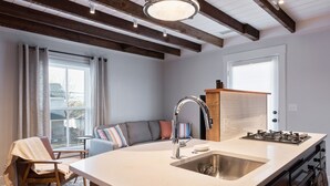 A modern kitchen with a large island, stainless steel sink, and a built-in oven. There is a seating area with a sofa and a chair. - Pharmacy Apartment | Luxury Monthly Stay Downtown (Charlottesville)