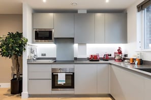 Basic Apartment, Multiple Beds | Private kitchen | Fridge, microwave, oven, stovetop