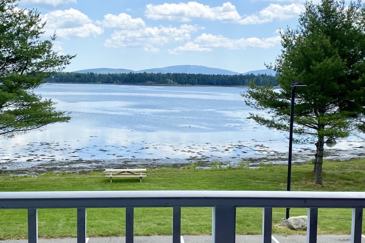 A lakeside view with a bench and a railing.
