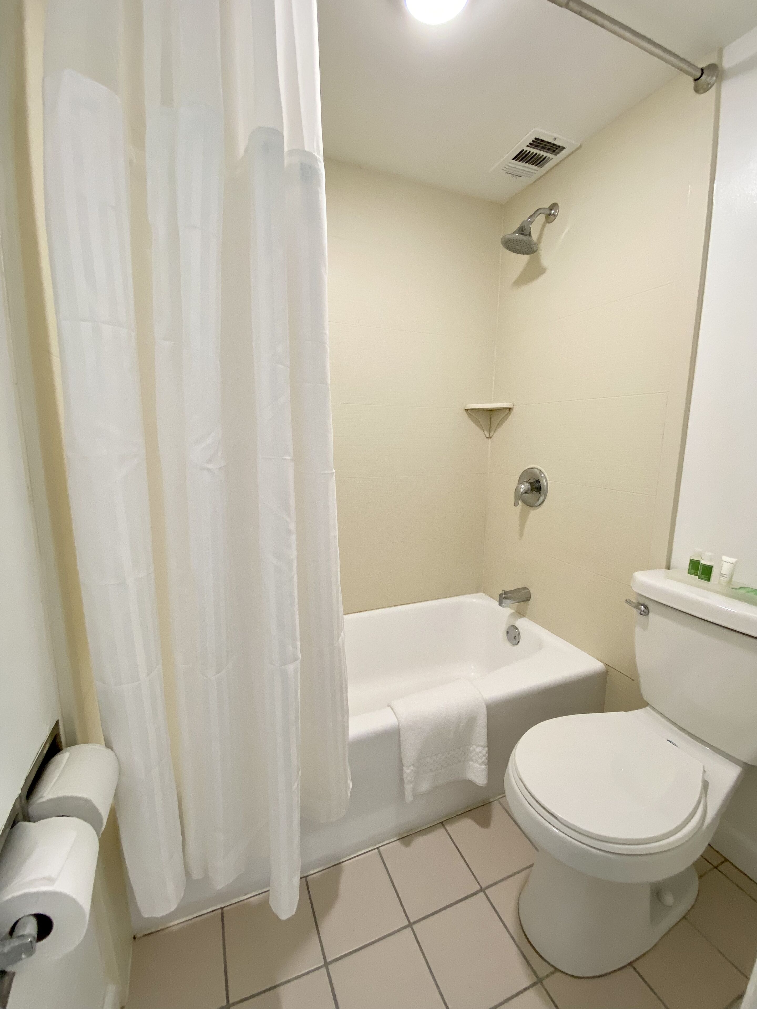A bathroom with a bathtub, toilet, and shower.
