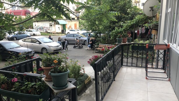 Een balkon met potplanten, een uitzicht op geparkeerde auto's en een gebouw op de achtergrond.