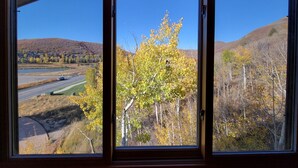 A view through a window with a road, trees, and hills in the background.