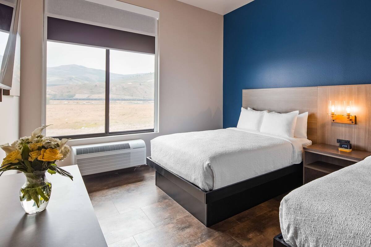 Habitación de hotel con dos camas, un ventanal con vistas al campo, una mesita de noche con lámpara y un jarrón con flores.