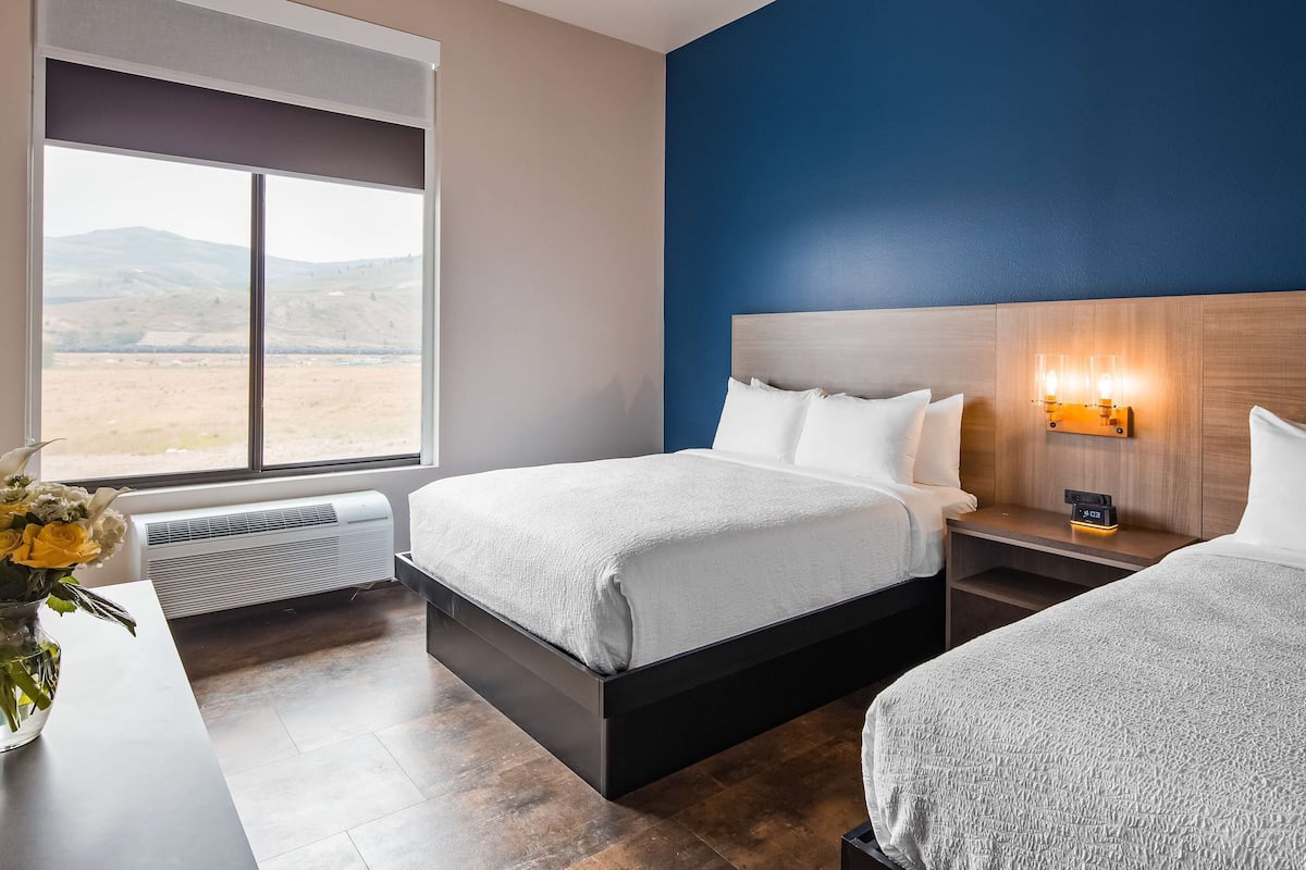 hypo-allergenic bedding, desk, laptop workspace, blackout curtains