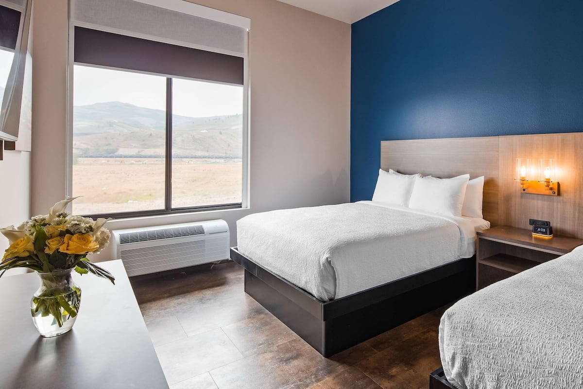 Hypo-allergenic bedding, desk, laptop workspace, blackout curtains