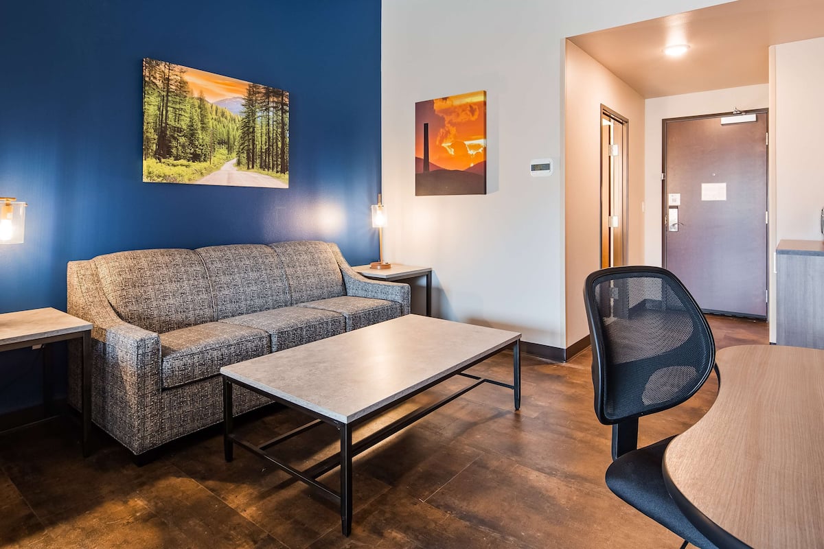 hypo-allergenic bedding, desk, laptop workspace, blackout curtains