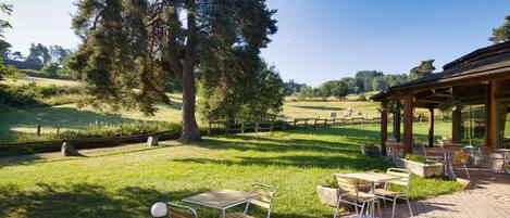 A patio area with outdoor seating and a view of a grassy field and trees.