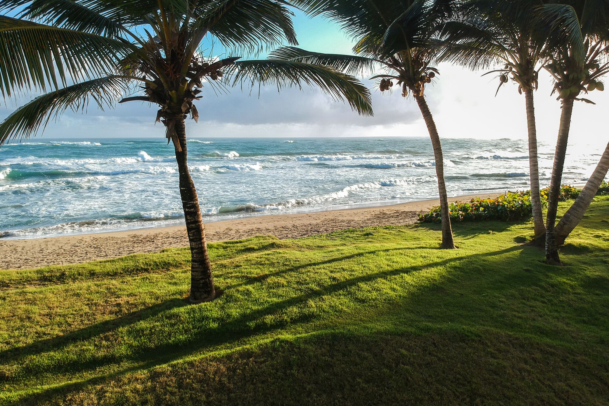 On the beach, sun loungers, beach towels