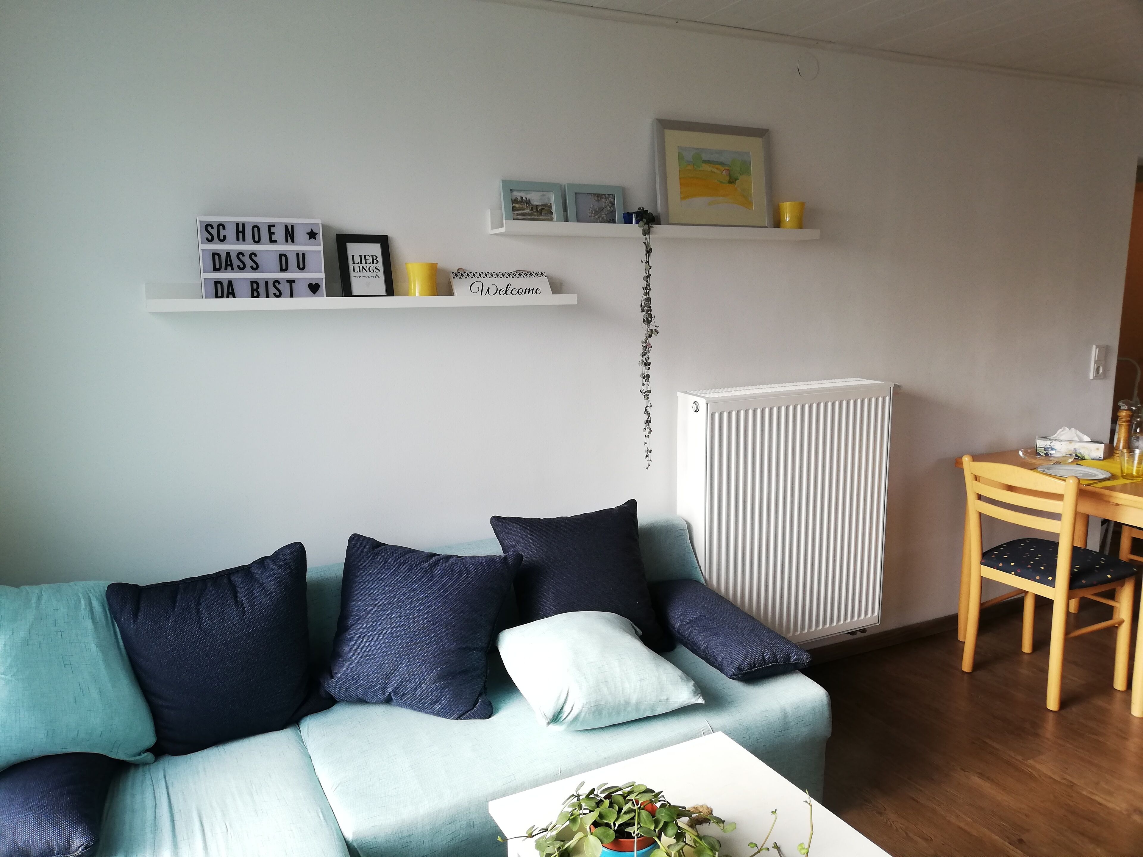 A living room with a light blue sofa, dark cushions, a small table with a plant, a radiator, and a shelf with framed pictures and a sign.