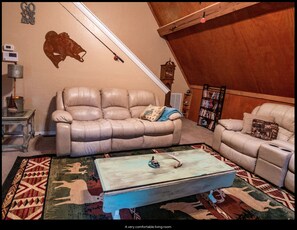 TV, DVD player, video library, stereo