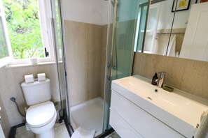 Shower, hair dryer, towels, soap