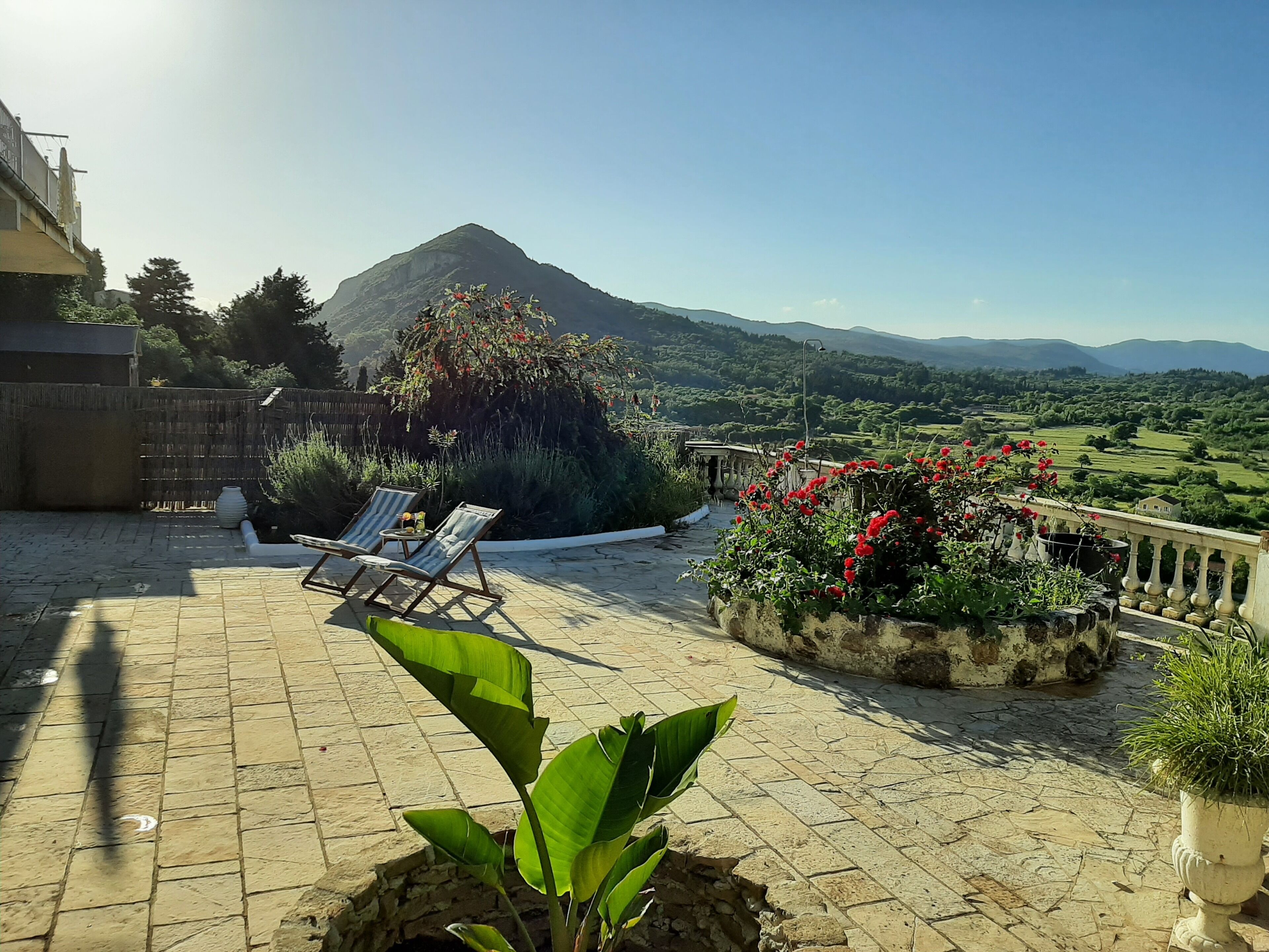 Eine Dachterrasse mit zwei Liegestühlen, einem Blumentopf und Blick auf einen Berg und grüne Felder.