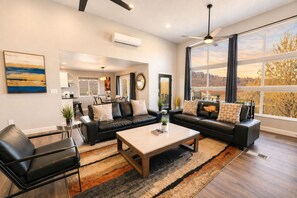 TV, fireplace, video game console, table football