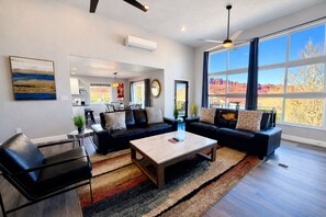 TV, fireplace, video game console, table football