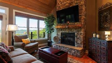 Smart TV, fireplace, foosball