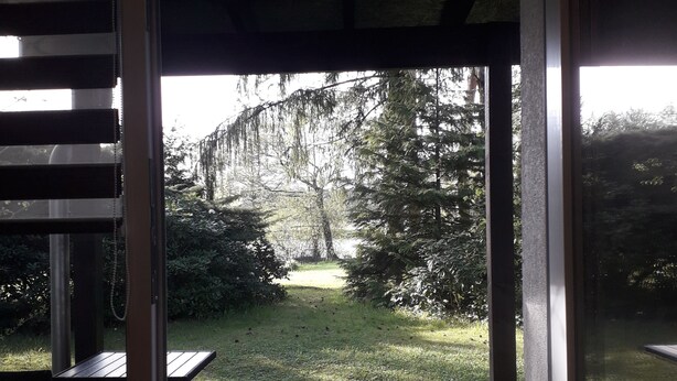 Uitzicht door een glazen deur op een tuin met een met stenen bestrate looppad, een metalen rooster en een bank.