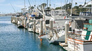 Marina con varios barcos amarrados, de diferentes tamaños y tipos.