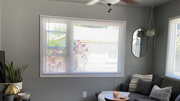 A living room with a gray sofa, a brown leather chair, a round ottoman, a coffee table, and a large window with blinds. - East Main Downtown Bungalow  (Ashland)