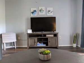A living room with a flat-screen TV on a wooden stand, a small table with a Wi-Fi sign, and a potted plant on a grey rug.