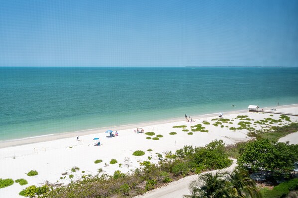 On the beach, sun-loungers, beach towels