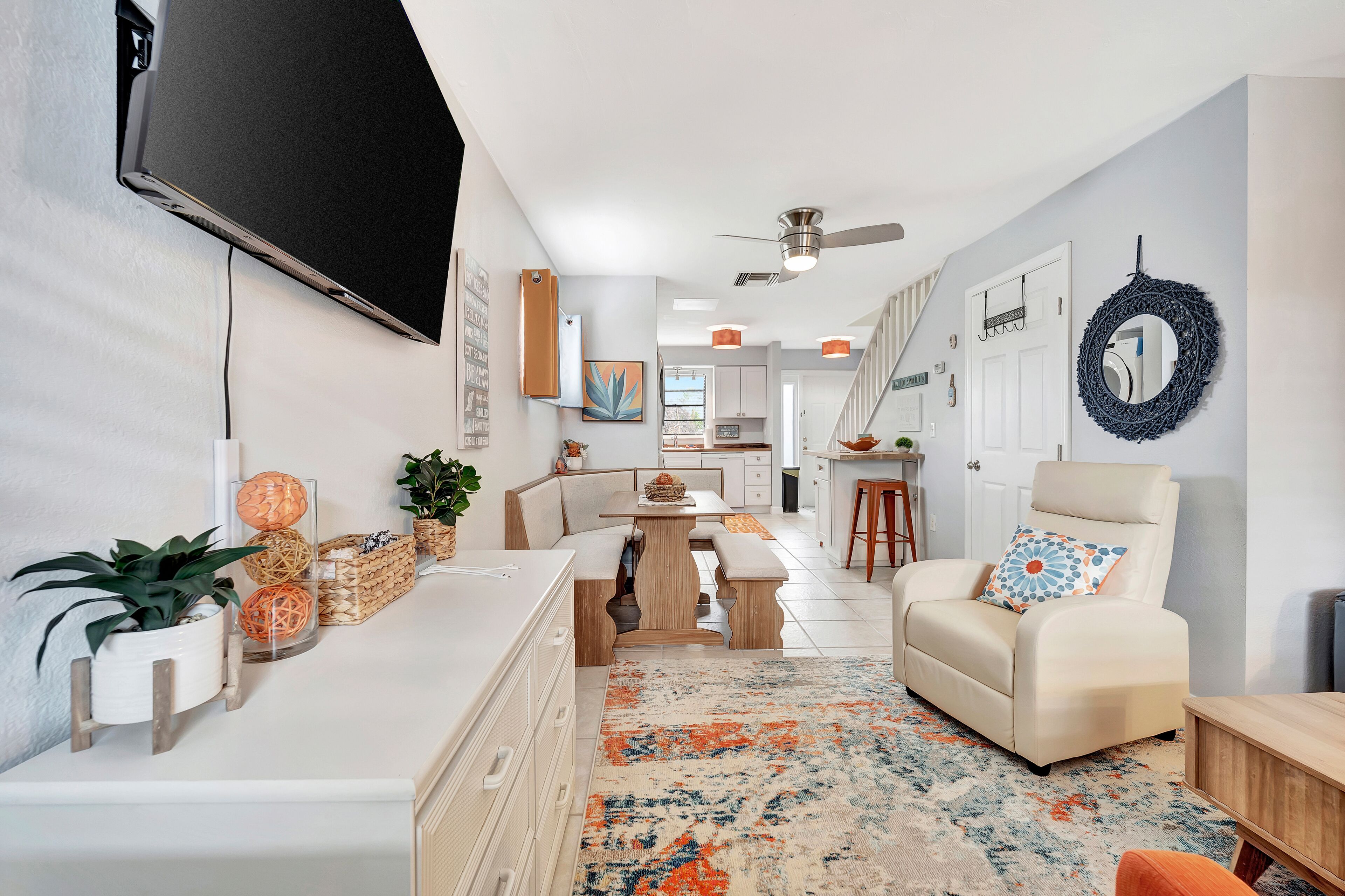 Dog-friendly condo with shared pool, WiFi, private washer/dryer, and central AC