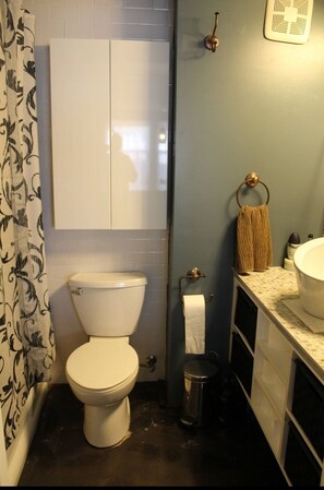 Combined shower/bathtub, towels