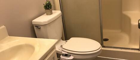 A bathroom with a toilet, sink, and shower.