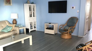 Un salon comprenant un canapé, une table basse, des fauteuils en osier, un téléviseur et une bibliothèque.