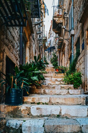 Explore historic streets lined with potted plants and old architecture.