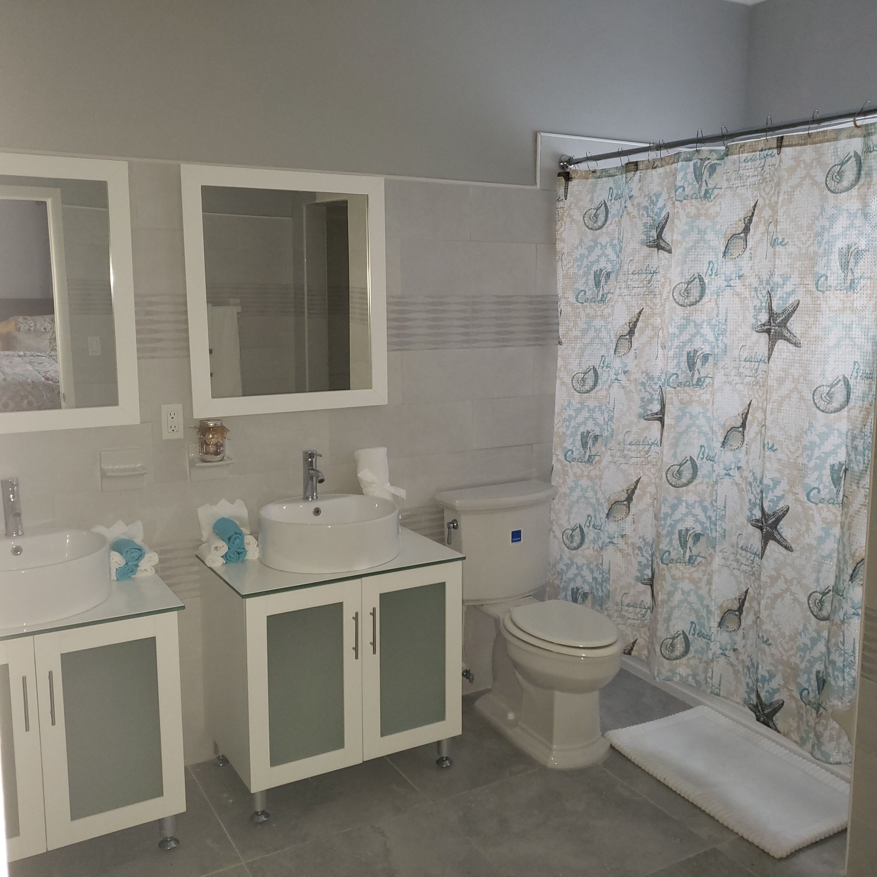 A bathroom with a white sink, two mirrors, a toilet, and a shower curtain with a sea-themed pattern.