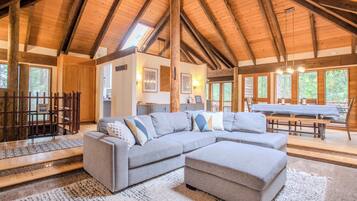 Smart TV, fireplace, foosball, books