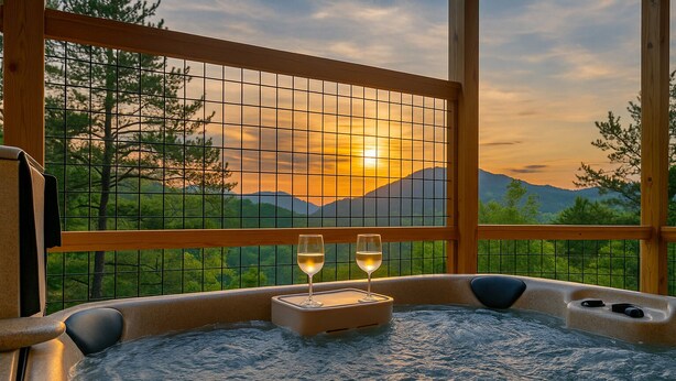 Ein Whirlpool mit zwei Gläsern Weißwein vor einer malerischen Berglandschaft bei Sonnenuntergang.