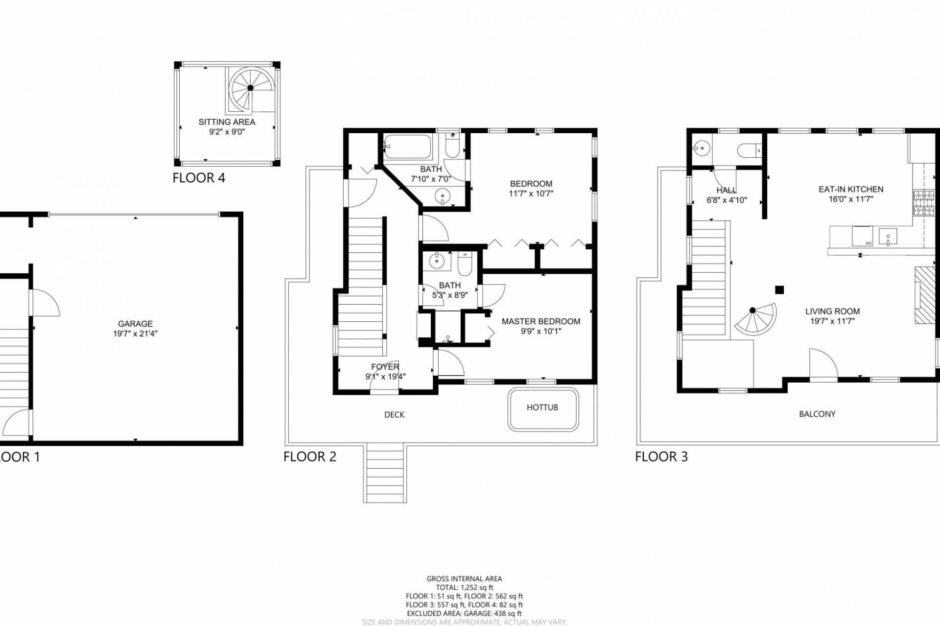 A floor plan of a house with three floors, including a garage, master bedroom, and living room.