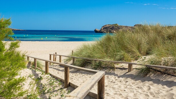 Una playa arenosa con un camino de madera que lleva al agua, rodeada de dunas y vegetación escasa.