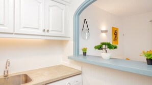 Una cocina con armarios blancos, un lavamanos de acero inoxidable, una lavadora, una encimera azul y plantas en macetas.