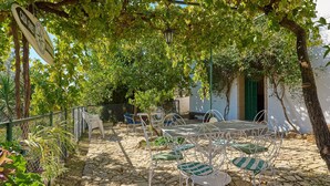 An outdoor patio with stone flooring, metal chairs, and tables, surrounded by greenery and a white building with a green door.