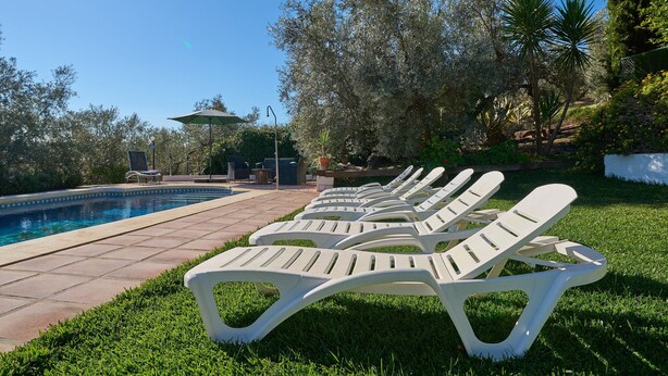 A poolside area with lounge chairs, a pool, and surrounding greenery.