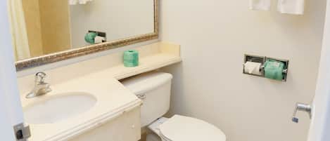 A bathroom with a sink, toilet, and a mirror.