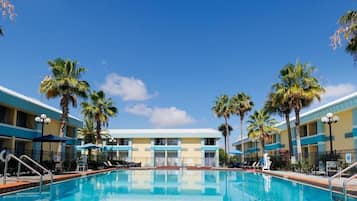 Outdoor pool, open 9:00 AM to 9:00 PM, pool umbrellas, sun loungers