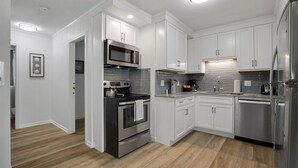 A modern kitchen with white cabinetry, stainless steel appliances, and a wooden floor.