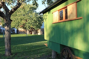 Un bâtiment vert, doté d’une fenêtre et d’une roue en bois, entouré d’herbe et d’arbres.