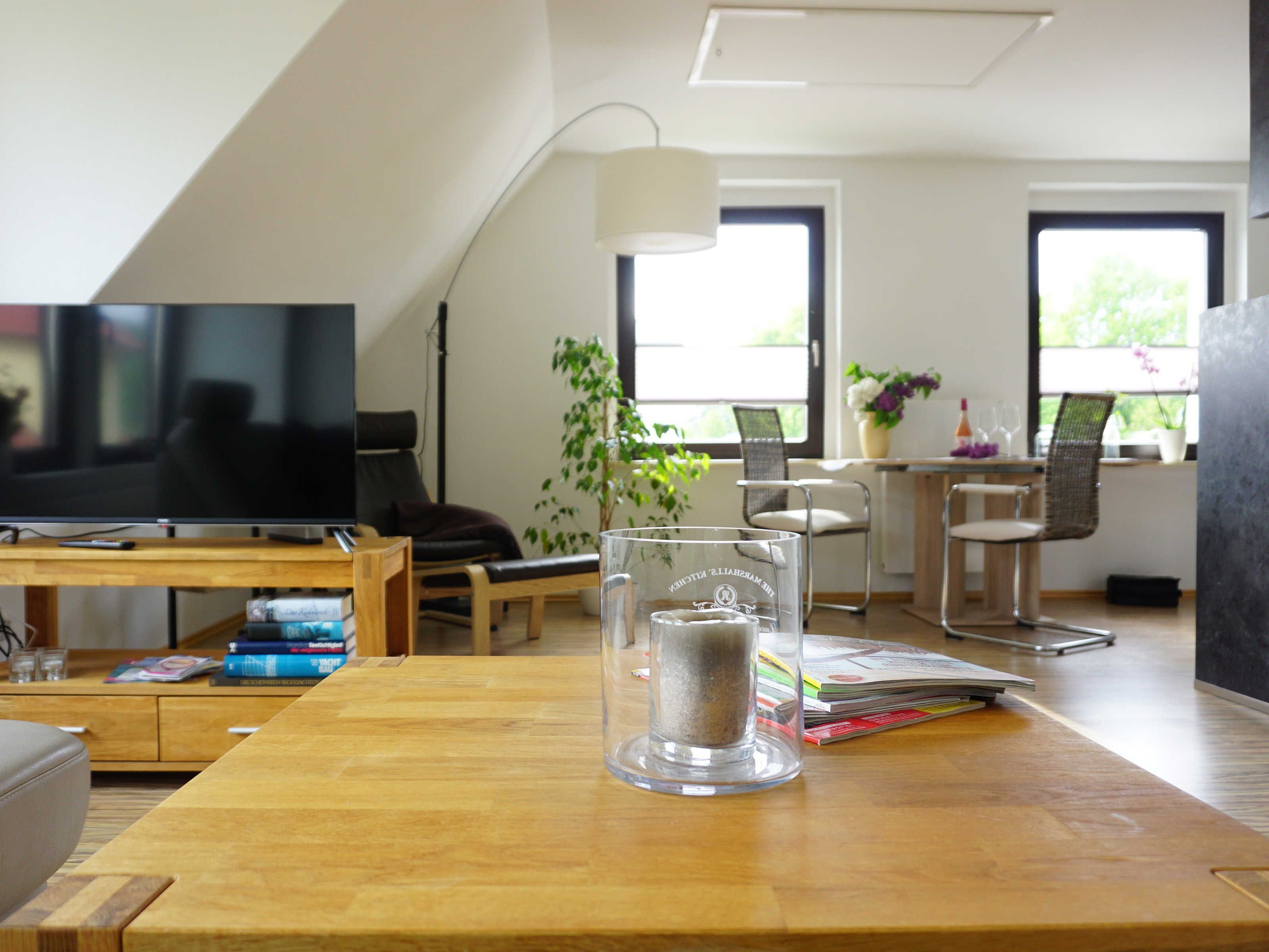 A modern living room with a television, a glass table, and a plant.
